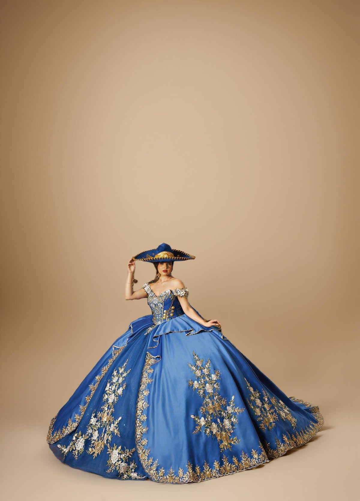 Black Gold Off Shoulder Quinceanera Dress 3D Floral Embroidered Satin Tulle Ball Gown (ZD17585) - View 7 | VelvetHem