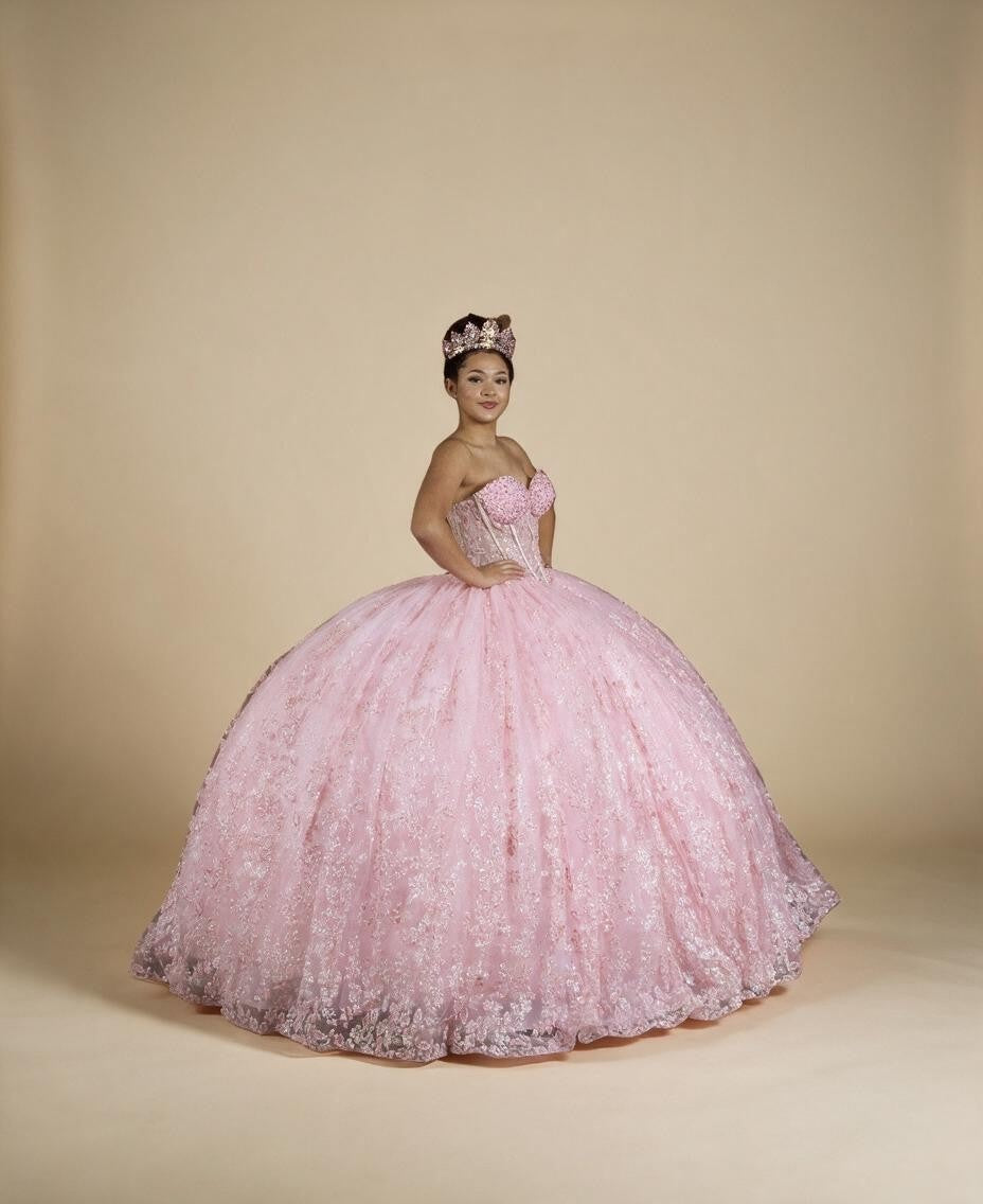 Bubble Pink Strapless Quinceanera Dress Sequin Corset Glitter Tulle Ball Gown (ZD17594) - View 2 | VelvetHem