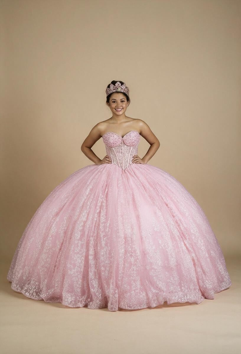 Bubble Pink Strapless Quinceanera Dress Sequin Corset Glitter Tulle Ball Gown (ZD17594) - View 6 | VelvetHem