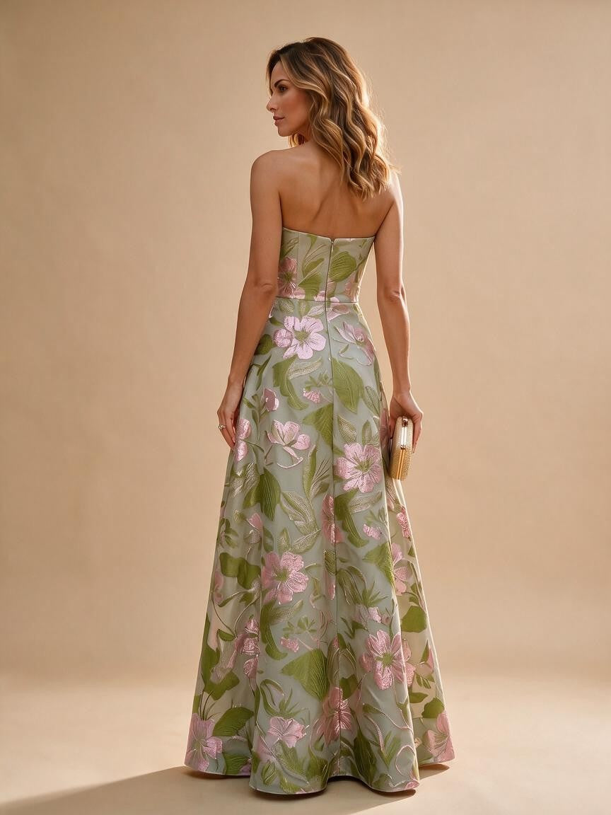 Jacquard A-Line/Princess Strapless Floor-Length Evening Dresses with Ruffles