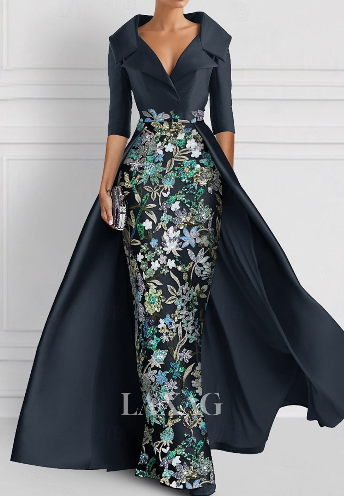 V-Neck Half-Sleeves Pleated Party Gowns Applique Embroidered Mermaid Wedding Guest Dress with Overskirt