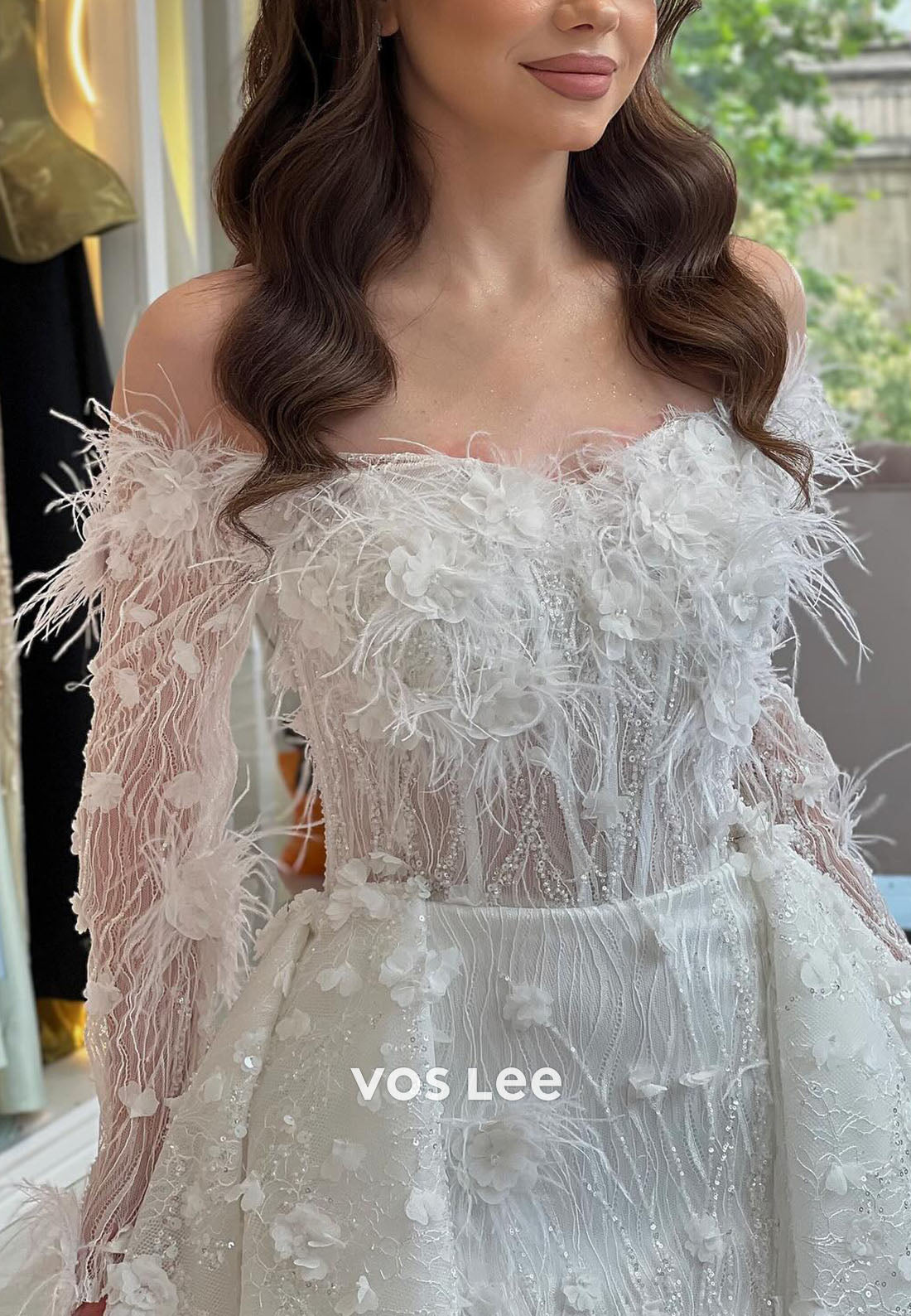 Feather & Floral Off-Shoulder Mermaid Wedding Dress: Sheer Sleeve Bridal Gown