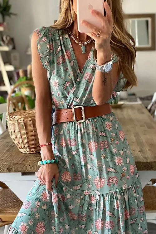 Ruffles Floral Print Maxi Dress - Fashionpara