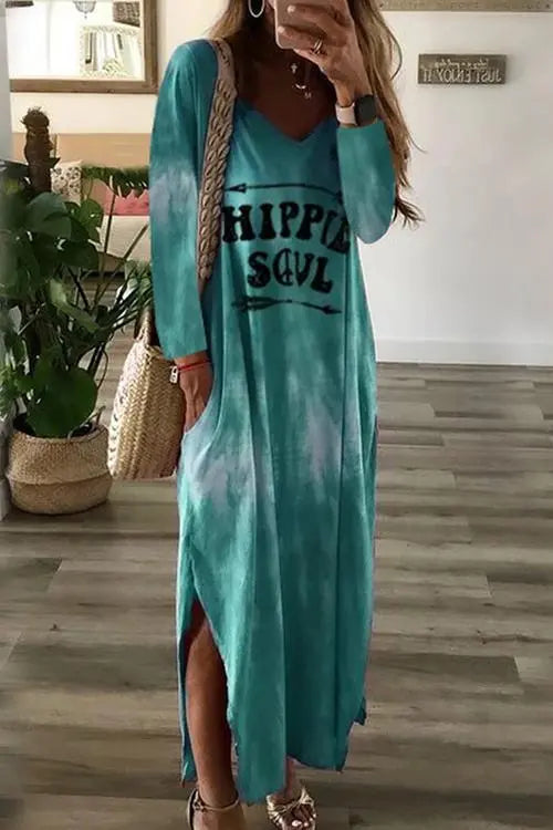 Letter Side Slit Long Sleeve Maxi Dress - Fashionpara