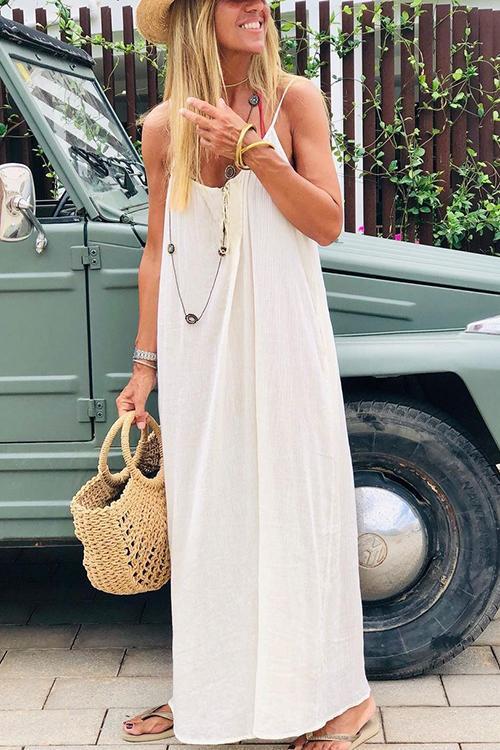 Linen Solid Pockets Slip Maxi Dress - Fashionpara