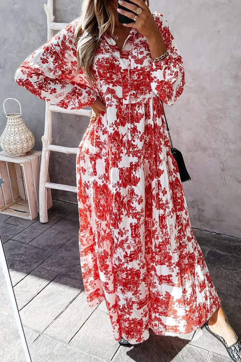 Floral V Neck Long Sleeve Maxi Dress - Fashionpara