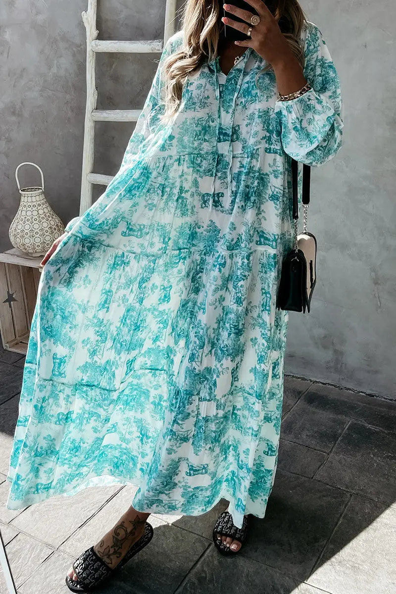 Floral V Neck Long Sleeve Maxi Dress - Fashionpara