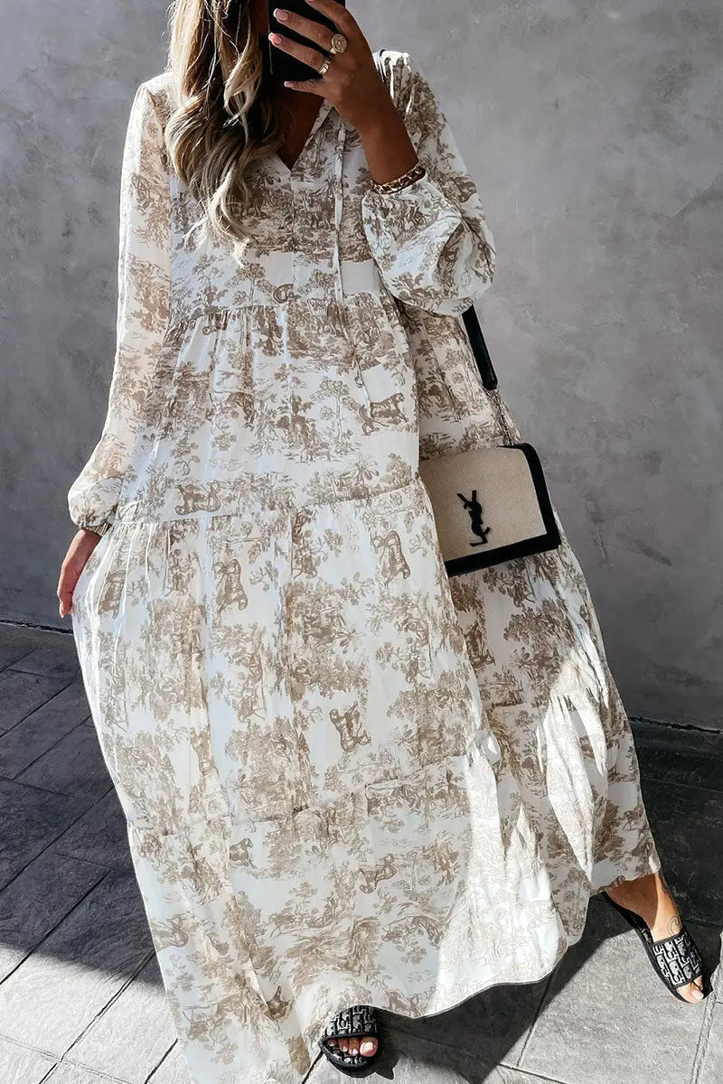 Floral V Neck Long Sleeve Maxi Dress - Fashionpara