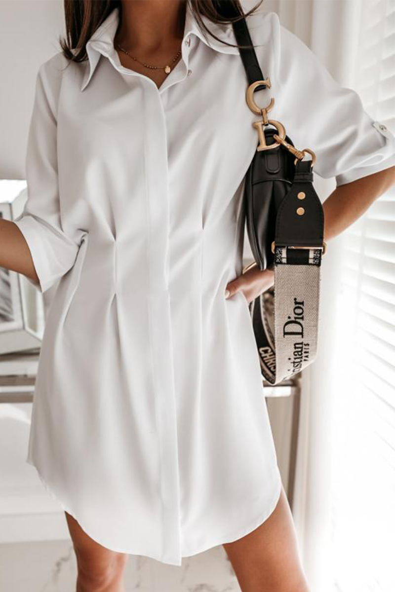 Fashion Casual Solid Buckle Fold Turndown Collar Shirt Dress Dresses - Fashionpara
