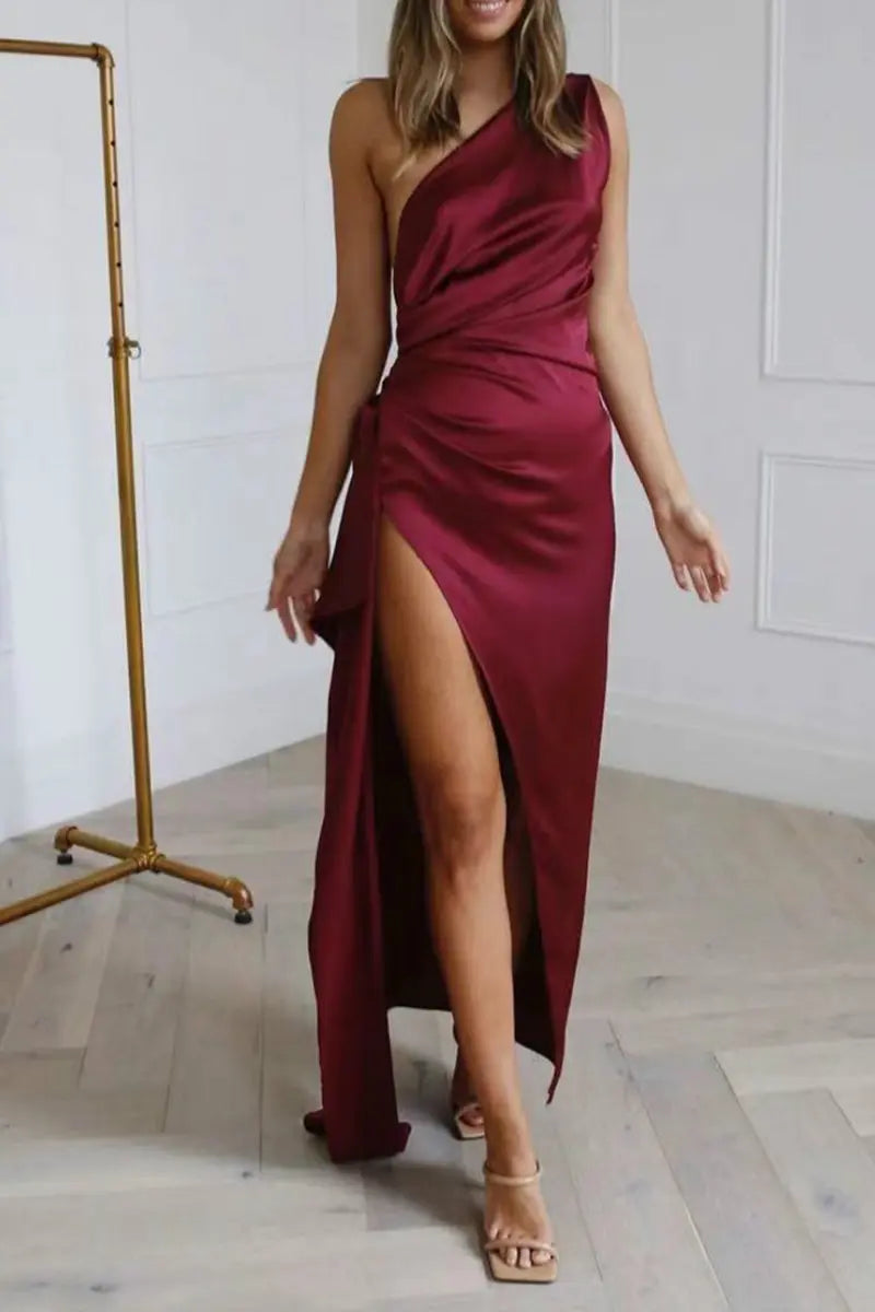 Elegance One Shoulder Slit Maxi Dress - Fashionpara