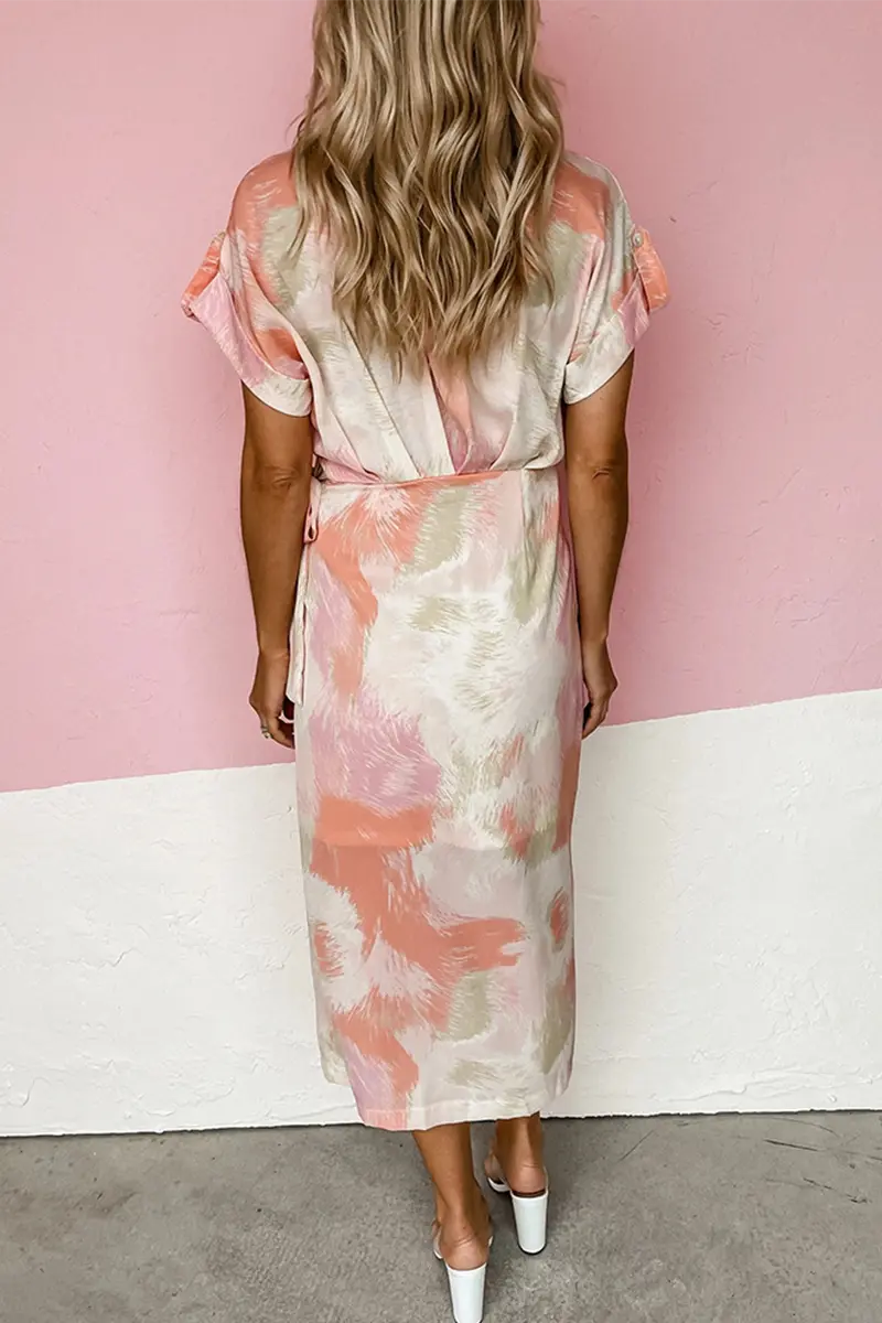 Night Out On The Town Coral Abstract Midi Dress - Fashionpara