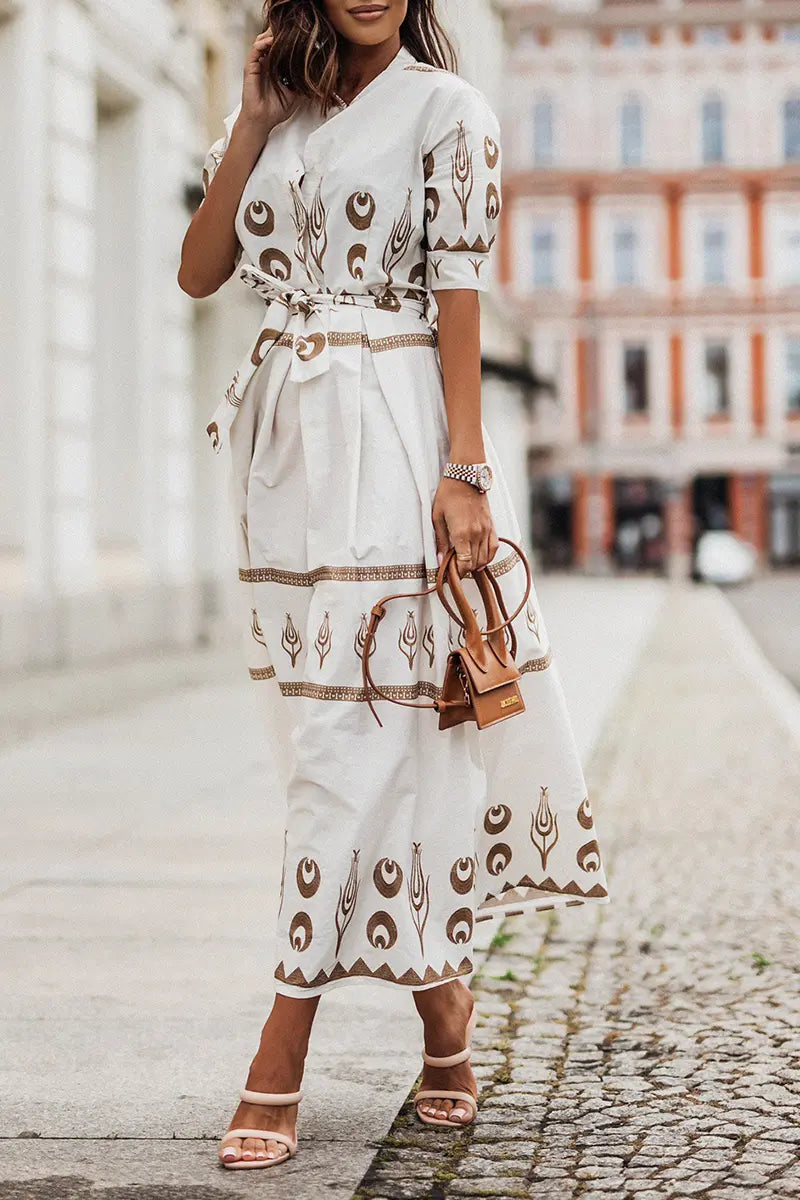 Print Button Belted Maxi Dress - Fashionpara