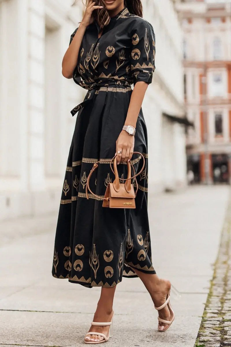 Print Button Belted Maxi Dress - Fashionpara