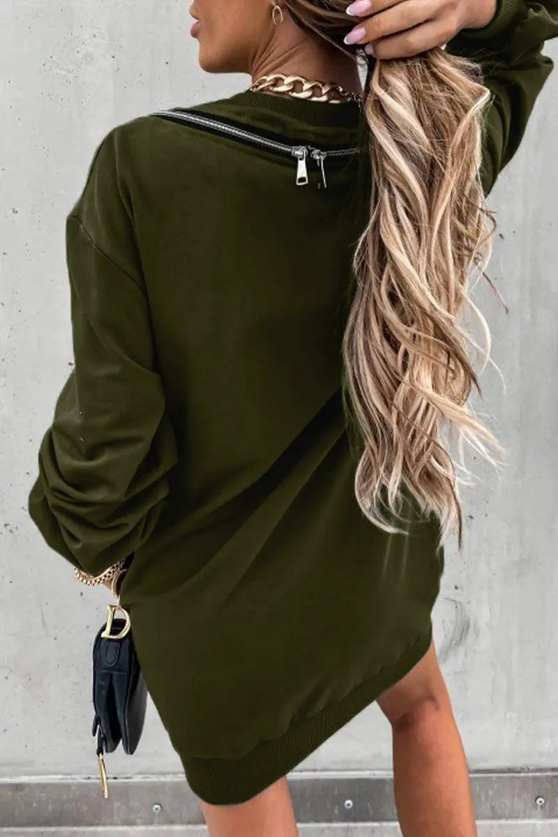 Zipper Slit O Neck Hoodie Dress - Fashionpara