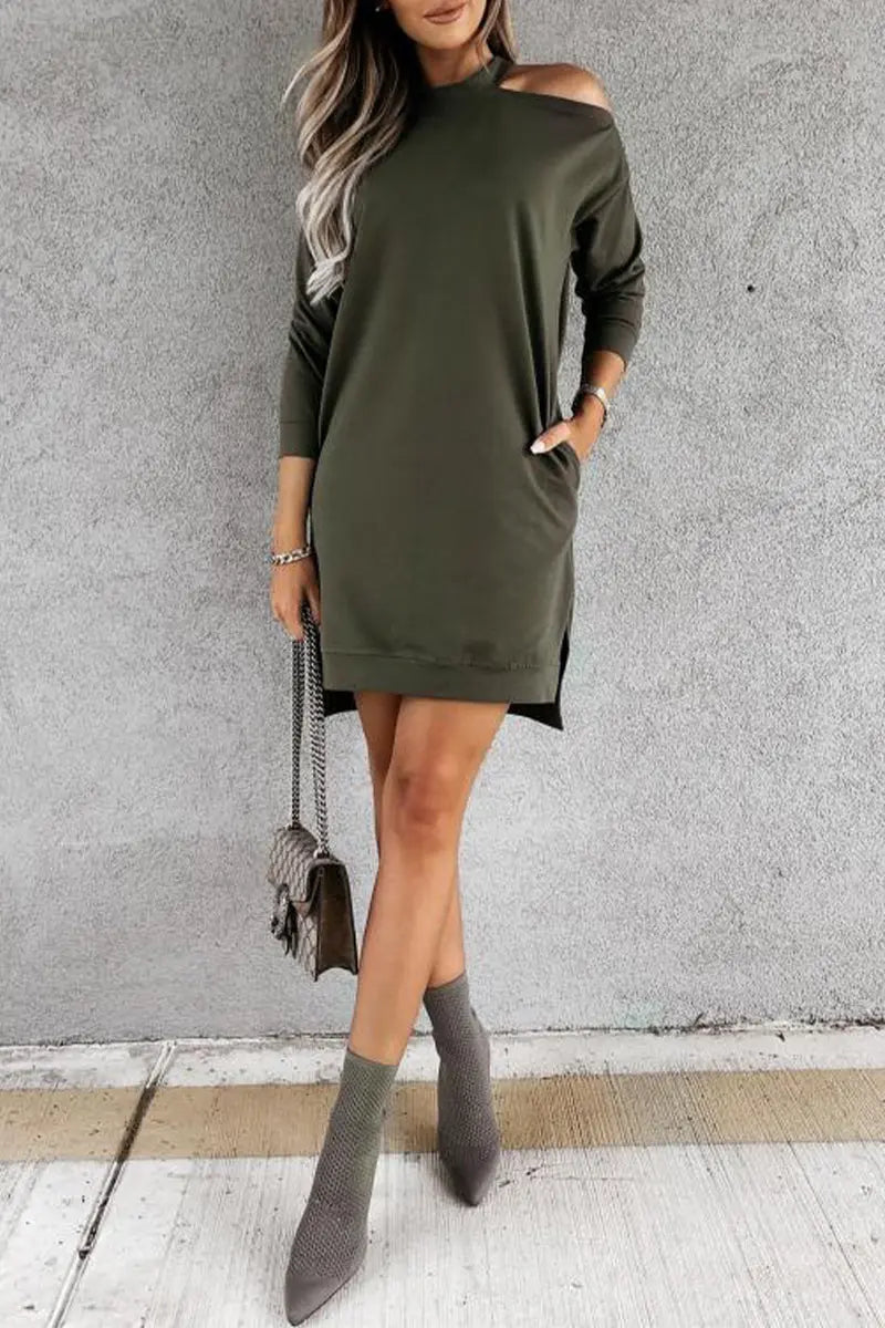 Cut Out Shoulder Loose T Shirt Dress - Fashionpara