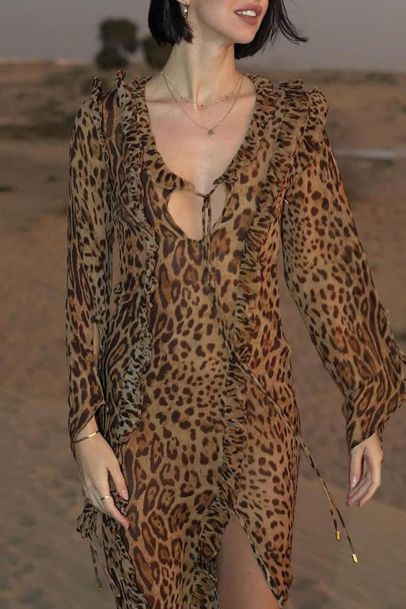 Sexy Celebrities Leopard Flounce Slit V Neck Long Sleeve Dresses