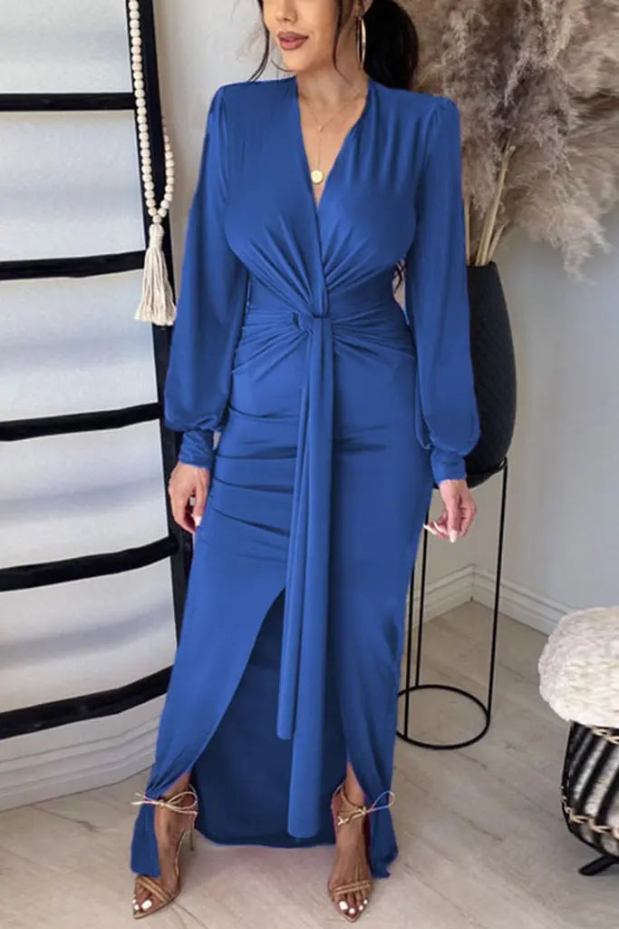 Deep V Neck Slit Hem Knotted Maxi Dress - Fashionpara