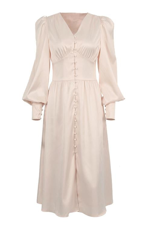Satin Button Puff Long Sleeve Dress - Fashionpara