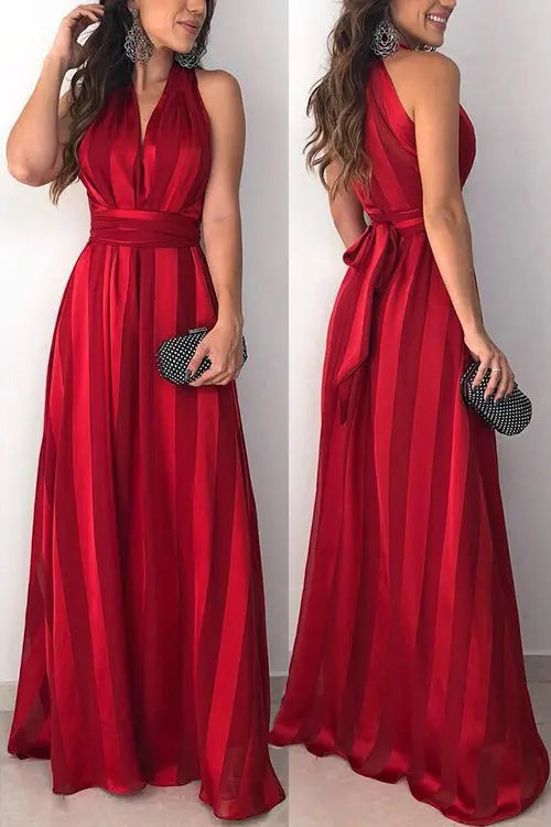 Stripe V Neck Belted Sleeveless Maxi Dress - Fashionpara