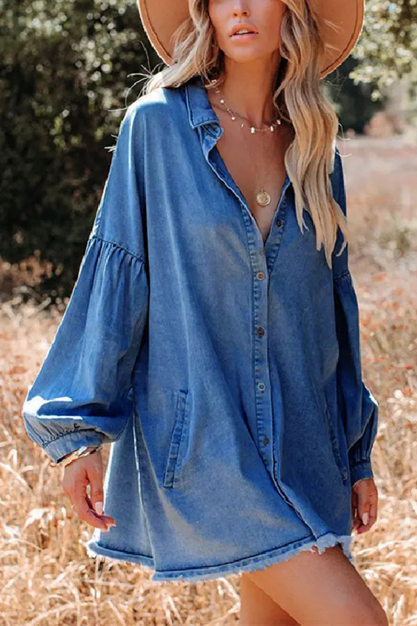 Frayed Hemline Button Long Sleeve Denim Dress - Fashionpara