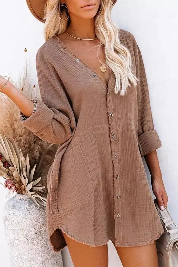 Button Pockets Shirt Mini Dress - Fashionpara