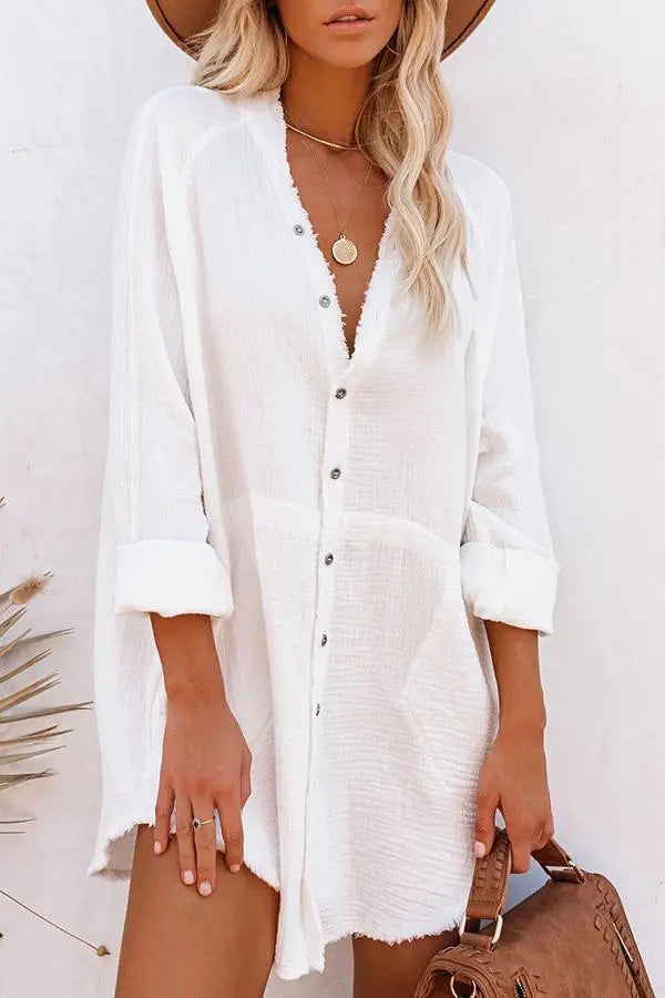 Button Pockets Shirt Mini Dress - Fashionpara
