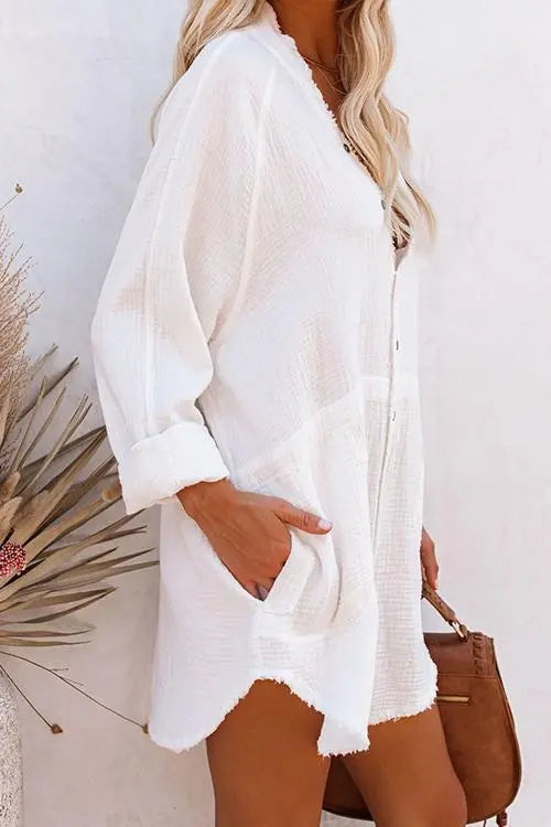 Button Pockets Shirt Mini Dress - Fashionpara