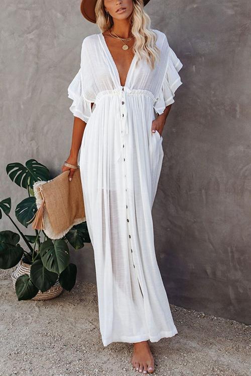 Button Drawstring Waist Bat Maxi Cover Dress Fashionpara