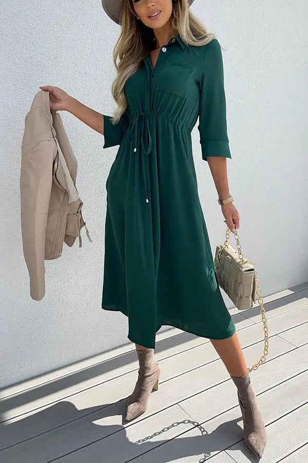 Drawstring Waist Button Midi Dress - Fashionpara