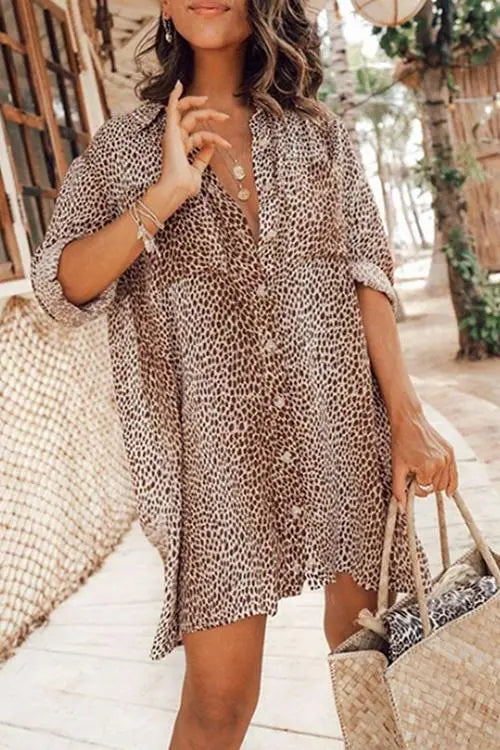 Leopard Button Shirt Mini Dress - Fashionpara