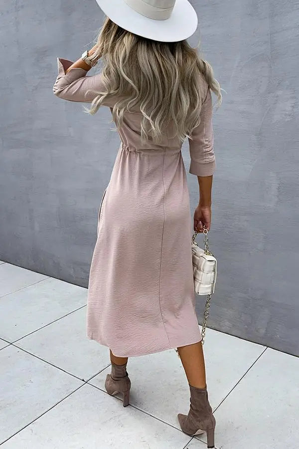 Drawstring Waist Button Midi Dress - Fashionpara