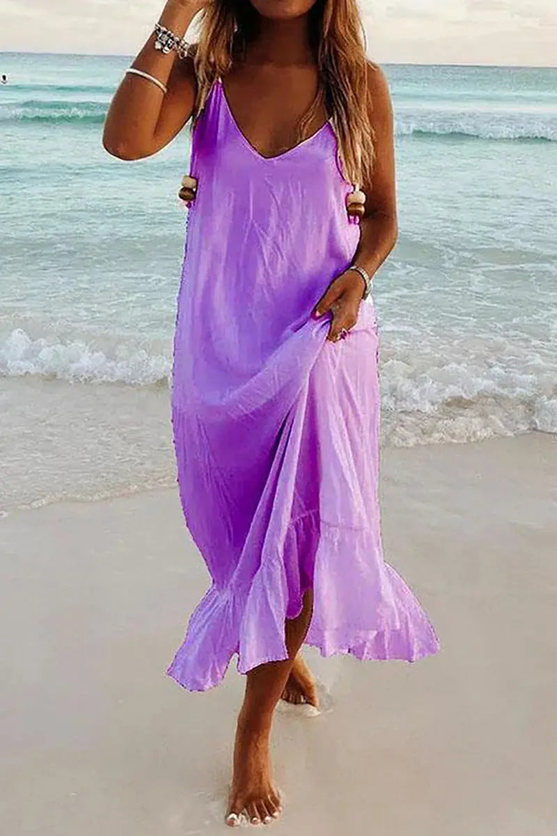 V Neck Ruffles Hem Slip Dress - Fashionpara