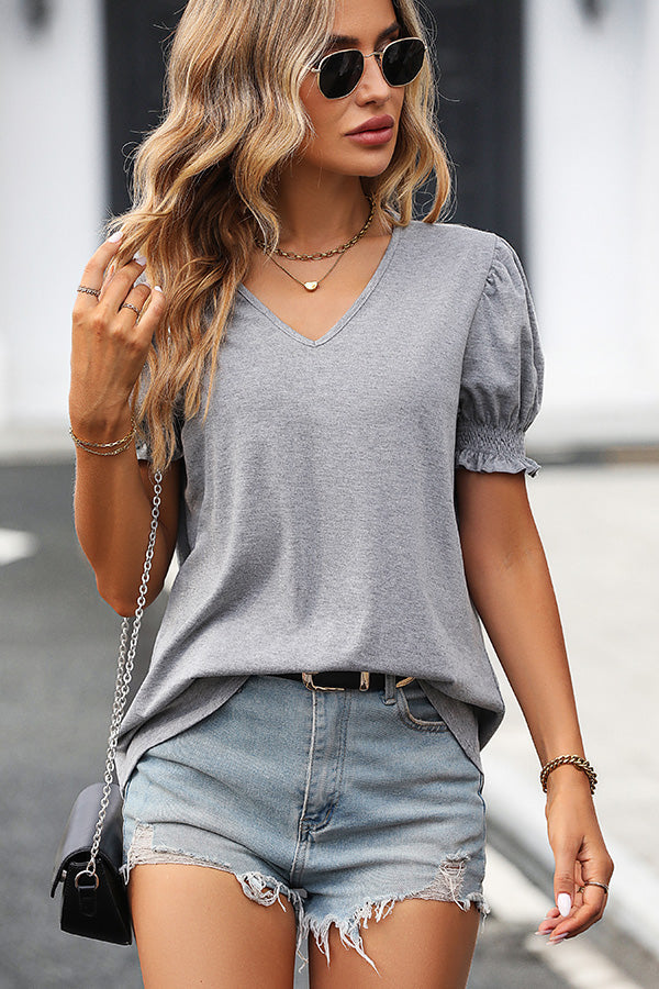 V Neck Puff Sleeve Solid Casual Tops
