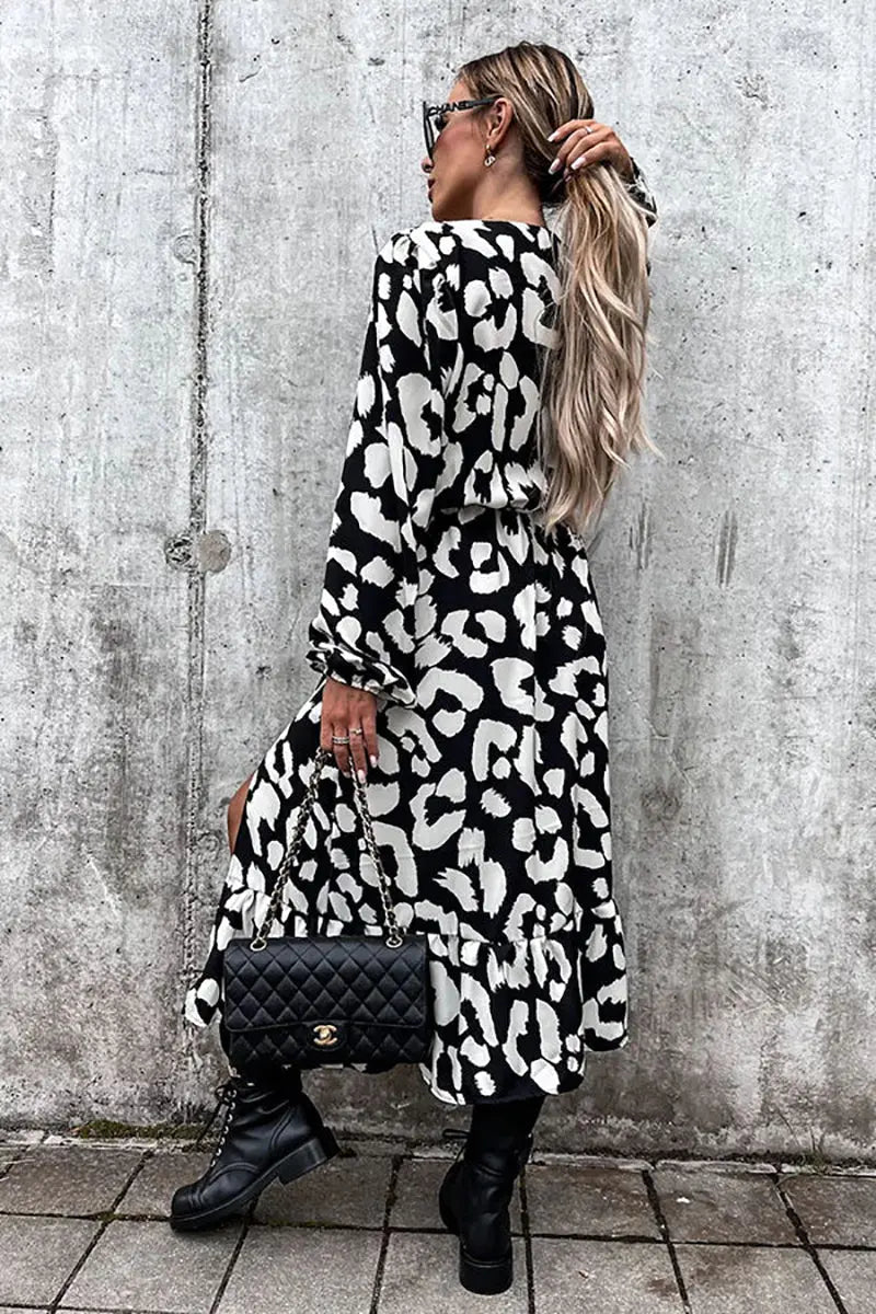 Leopard Long Sleeve Slit Midi Dress - Fashionpara