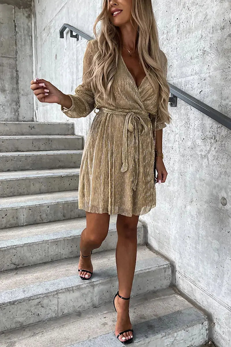 Pleated Long Sleeve Wrap Mini Dress - Fashionpara