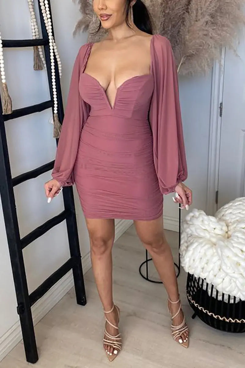 Ruched Statement Sleeve Mini Dress - Fashionpara