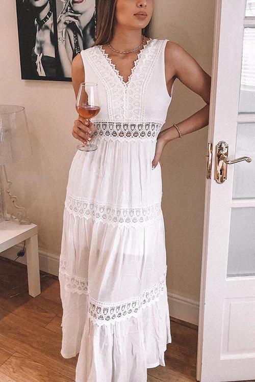 Lace V Neck Sleeveless Maxi Dress - Fashionpara