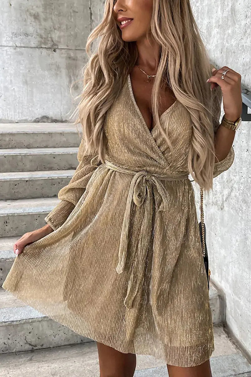 Pleated Long Sleeve Wrap Mini Dress - Fashionpara