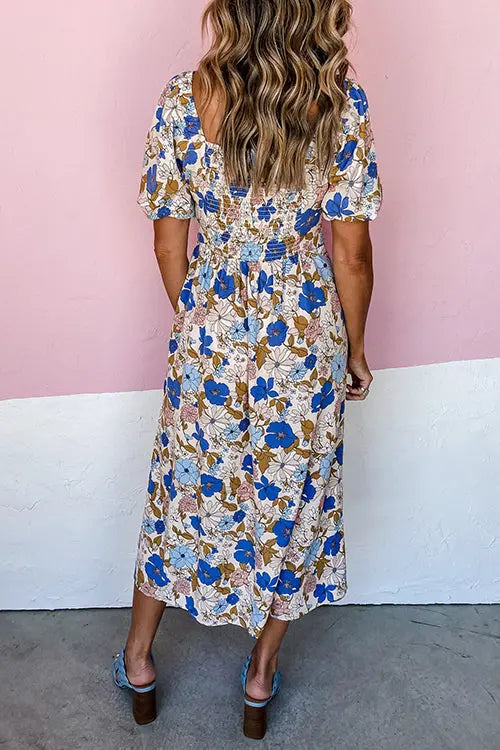 Blue Floral Puff Sleeve Midi Dress - Fashionpara