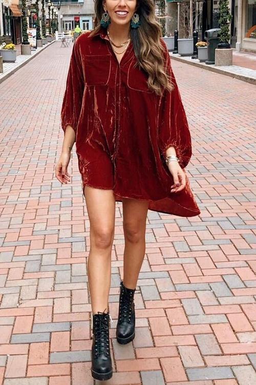 V Neck Pockets Velvet Shirt Dress - Fashionpara