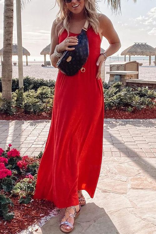 Linen Solid Pockets Slip Maxi Dress - Fashionpara