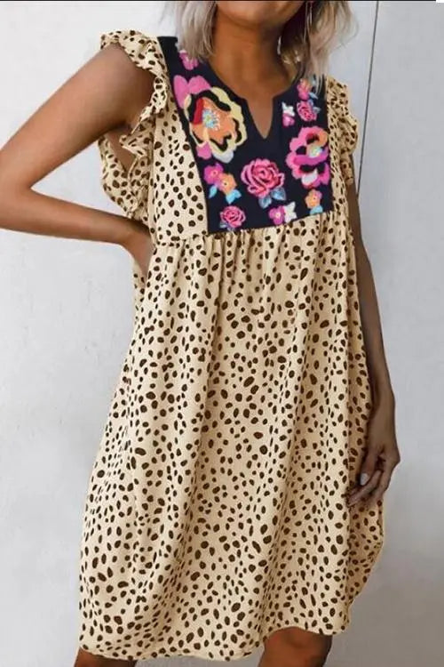Floral Leopard Print Mini Dress - Fashionpara
