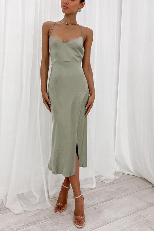 Satin Slit Slip Dress - Fashionpara