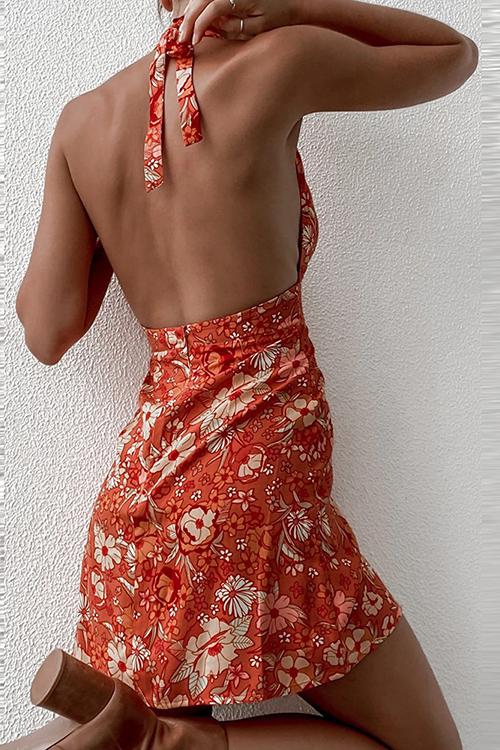 Print Halter Neck Backless Mini Dress - Fashionpara