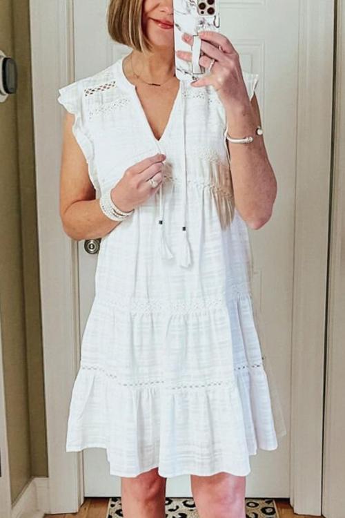 Ruffles Hollow V Neck Mini Dress - Fashionpara