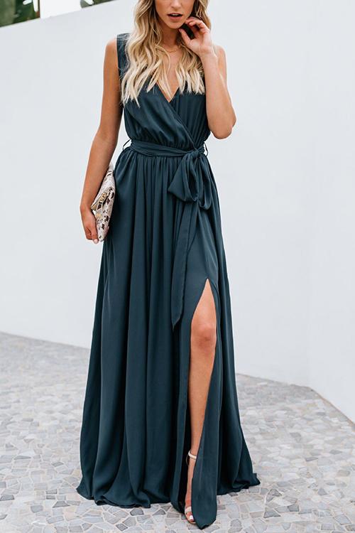 V Neck Sleeveless Slit Wrap Maxi Dress - Fashionpara