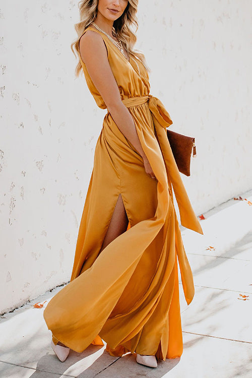 V Neck Sleeveless Slit Wrap Maxi Dress - Fashionpara