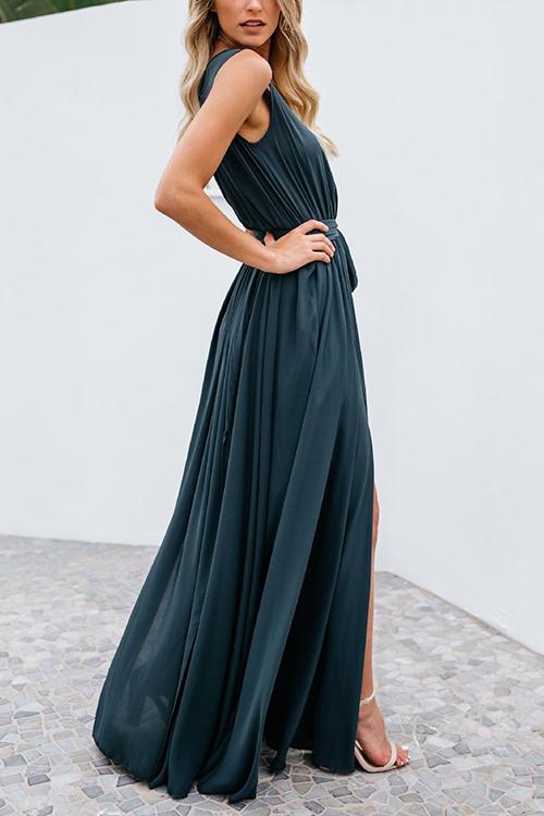 V Neck Sleeveless Slit Wrap Maxi Dress - Fashionpara