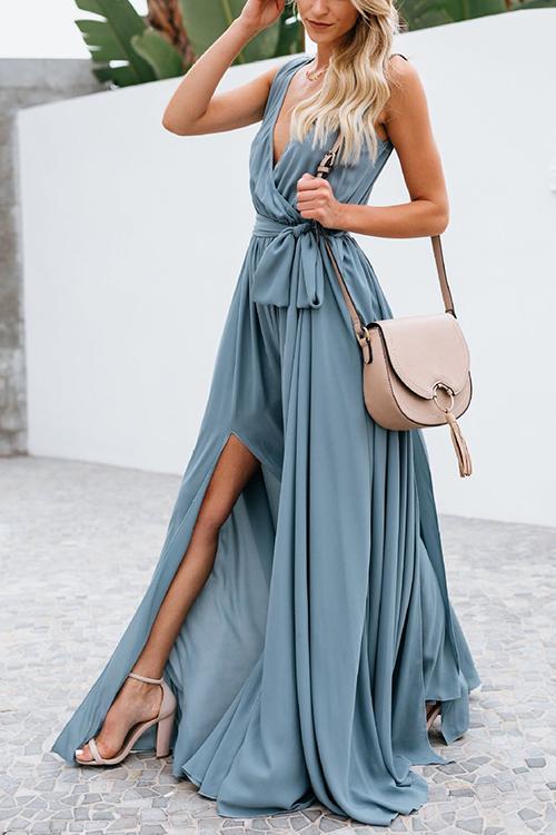 V Neck Sleeveless Slit Wrap Maxi Dress - Fashionpara