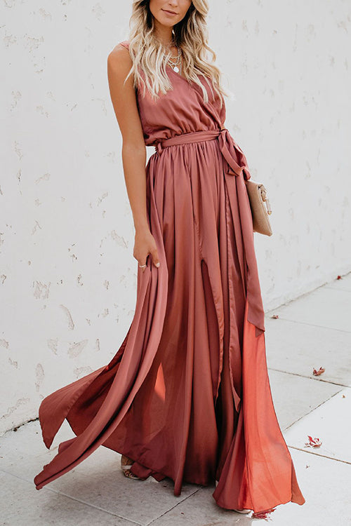 V Neck Sleeveless Slit Wrap Maxi Dress - Fashionpara
